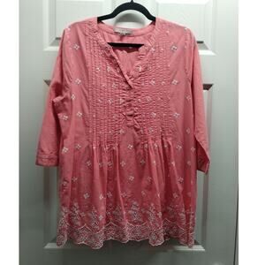 Woman Within Size 14/16 Salmon Pink Embroidered Floral Popover Tunic Top